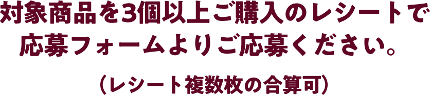 対象商品を3個以上ご購入のレシートで 応募フォームよりご応募ください。（レシート複数枚の合算可）