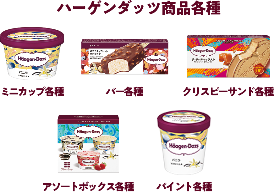 ハーゲンダッツ全商品　ミニカップ各種　バー各種　クリスピーサンド各種　アソートボックス各種　パイント各種