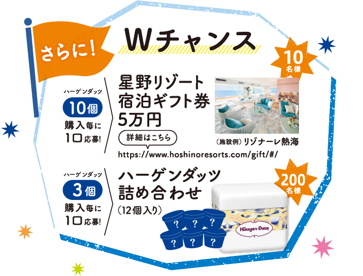 さらに！Wチャンス【ハーゲンダッツ10個購入毎に1口応募！】星野リゾート宿泊ギフト券5万円【ハーゲンダッツ3個購入毎に1口応募！】ハーゲンダッツ詰め合わせ（12個入り）200名様