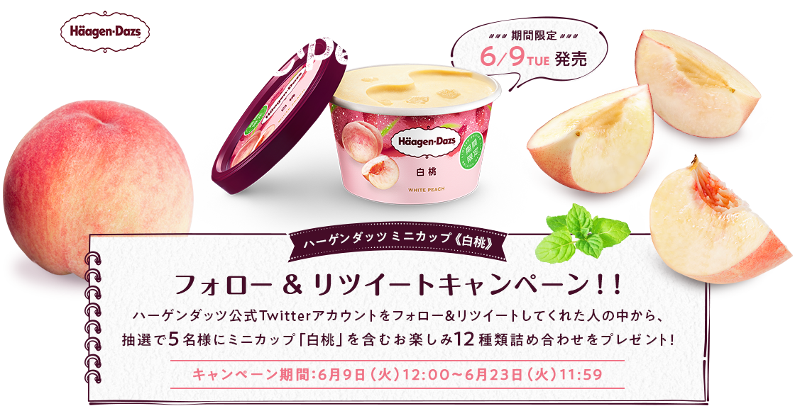ハーゲンダッツ　ミニカップ「ゴールデンベリーのレアチーズケーキ」 
新商品発売記念 フォロー＆RTキャンペーン 
ハーゲンダッツ公式Twitterアカウントをフォロー＆リツイートしてくれた人の中から、
抽選で1名様に「ゴールデンベリーのレアチーズケーキ」を含むミニカップ100個セットをプレゼント！ 
キャンペーン期間：2月18日（火）12:00～3月3日（火）11:59