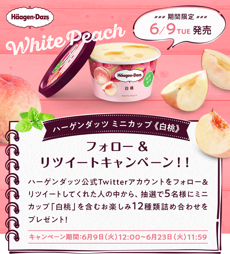 ハーゲンダッツ　ミニカップ「ゴールデンベリーのレアチーズケーキ」 
新商品発売記念 フォロー＆RTキャンペーン 
ハーゲンダッツ公式Twitterアカウントをフォロー＆リツイートしてくれた人の中から、
抽選で1名様に「ゴールデンベリーのレアチーズケーキ」を含むミニカップ100個セットをプレゼント！ 
キャンペーン期間：2月18日（火）12:00～3月3日（火）11:59