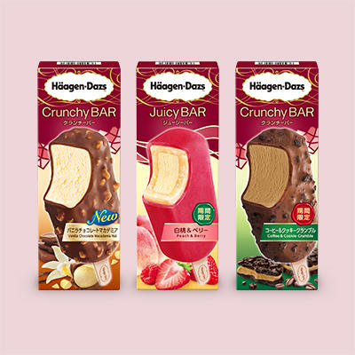 ジューシーバー『白桃&ベリー』、クランチーバー『コーヒー&クッキークランブル』、 クランチーバー『バニラチョコレートマカデミア』