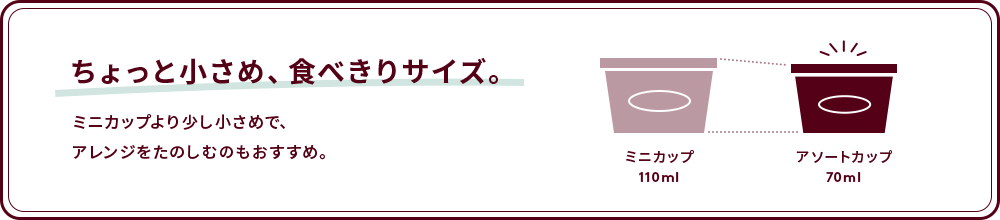 ちょっと小さめ、食べきりサイズ。ミニカップより少し小さめで、アレンジをたのしむのもおすすめ。