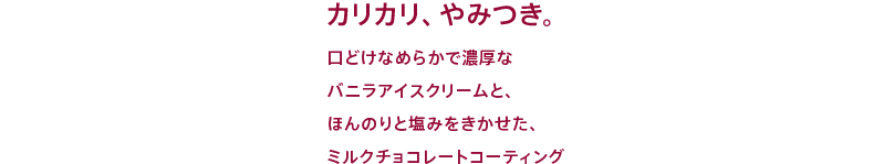 カリカリ、やみつき。口どけなめらかで濃厚なバニラアイスクリームと、ほんのりと塩みをきかせた、ミルクチョコレートコーティング