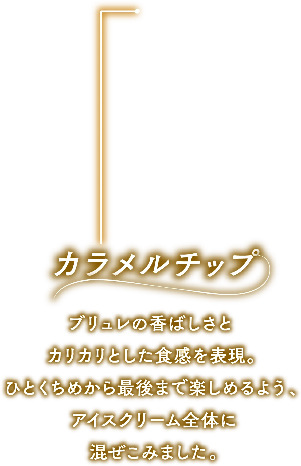カラメルチップ ブリュレの香ばしさとカリカリとした食感を表現。ひとくちめから最後まで楽しめるよう、アイスクリーム全体に混ぜ込みました。