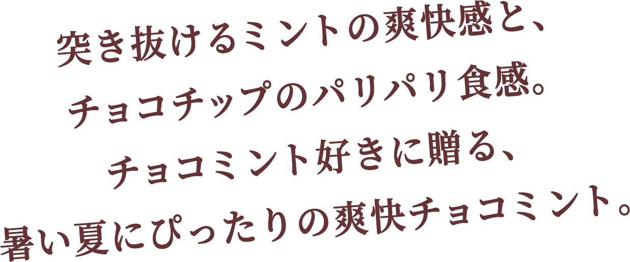 突き抜けるミントの爽快感と、チョコチップのパリパリ食感。チョコミント好きに贈る、暑い夏にぴったりの爽快チョコミント。