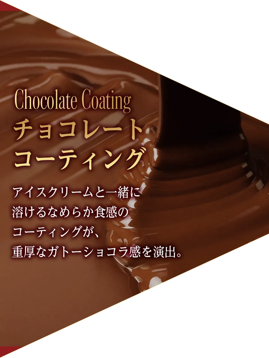 Chocolate Coating チョコレート コーティング アイスクリームと一緒に 溶けるなめらか食感の コーティングが、 重厚なガトーショコラ感を演出。