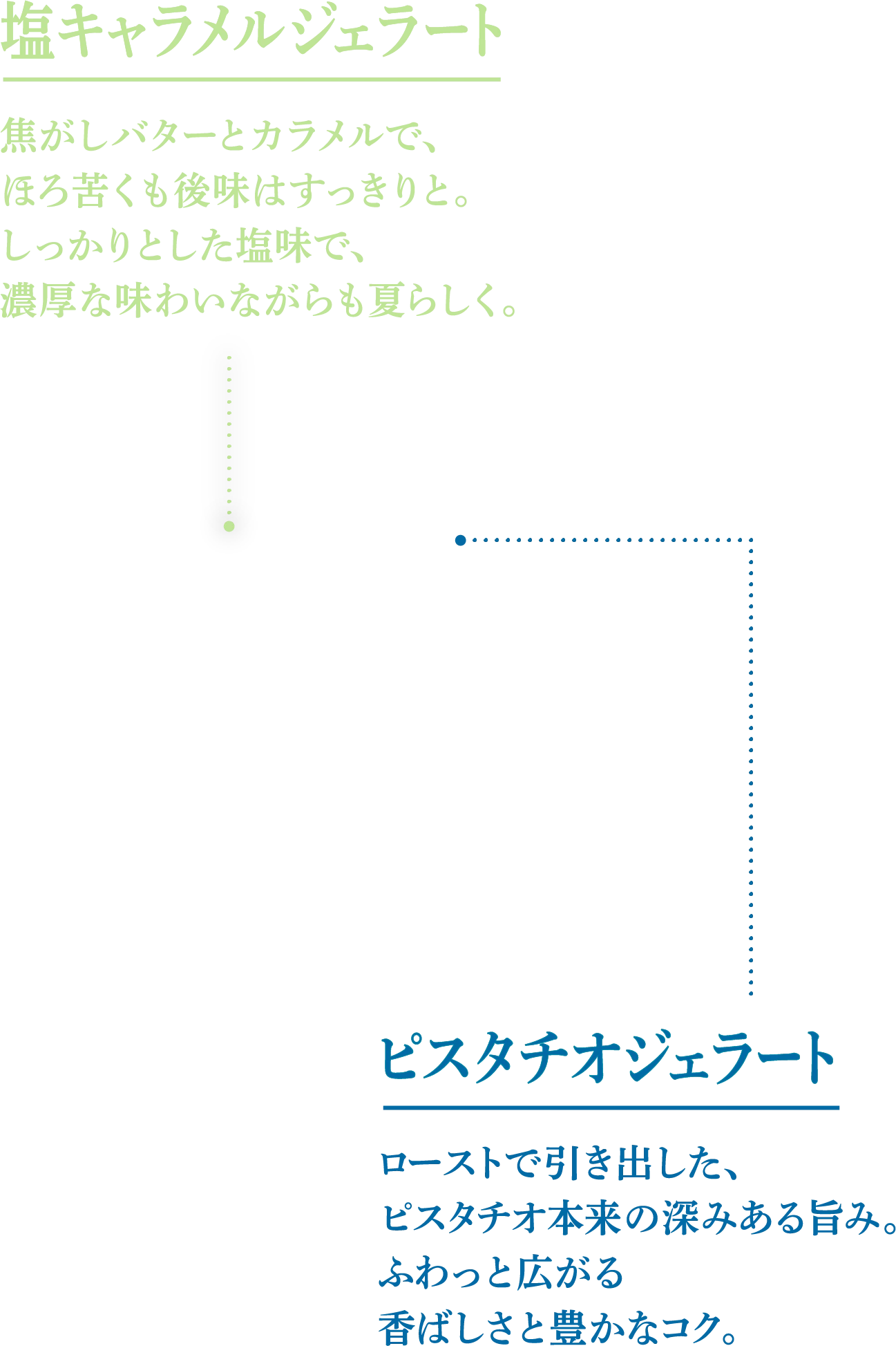 塩キャラメルジェラート 焦がしバターとカラメルで、ほろ苦くも後味はすっきりと。しっかりとした塩味で、濃厚な味わいながらも夏らしく。 ピスタチオジェラート ローストで引き出した、ピスタチオ本来の深みある旨み。ふわっと広がる香ばしさと豊かなコク。