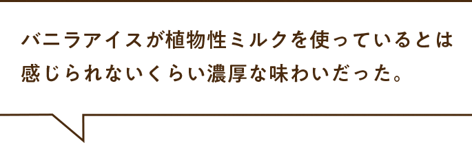 バニラアイスが植物性ミルクを使っているとは感じられないくらい濃厚な味わいだった。
