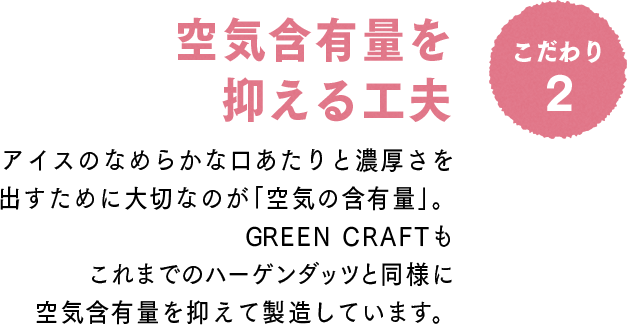 こだわり2 空気含有量を抑える工夫：アイスのなめらかな口あたりと濃厚さを出すために大切なのが「空気の含有量」。GREEN CRAFTもこれまでのハーゲンダッツと同様に空気含有量を抑えて製造しています。