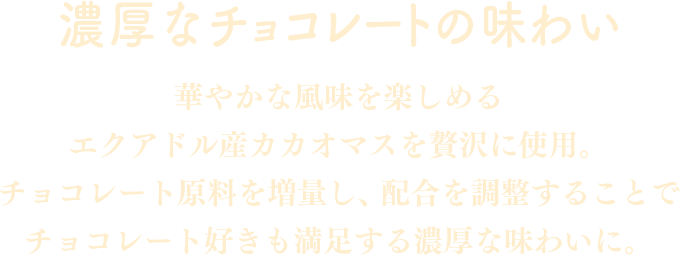 濃厚なチョコレートの味わい：華やかな風味を楽しめるエクアドル産カカオマスを贅沢に使用。カカオ原料を増量し、配合を調整することでチョコレート好きも満足する濃厚な味わいに。