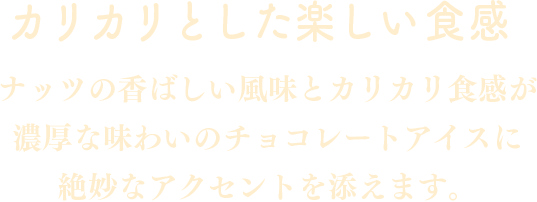 マカデミアナッツ：贅沢なカリカリ食感　ナッツの香ばしい風味とカリカリ直感が濃厚な味わいのチョコレートアイスに絶妙なアクセントを添えます。
