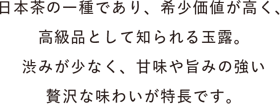日本茶の一種であり、希少価値が高く、高級品として知られる玉露。渋みが少なく、甘みや旨みの強い贅沢な味わいが特長です。