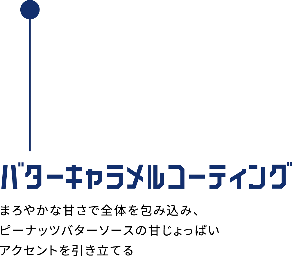 バターキャラメルコーティング まろやかな甘さで全体を包み込み、ピーナッツバターソースの甘じょっぱいアクセントを引き立てる